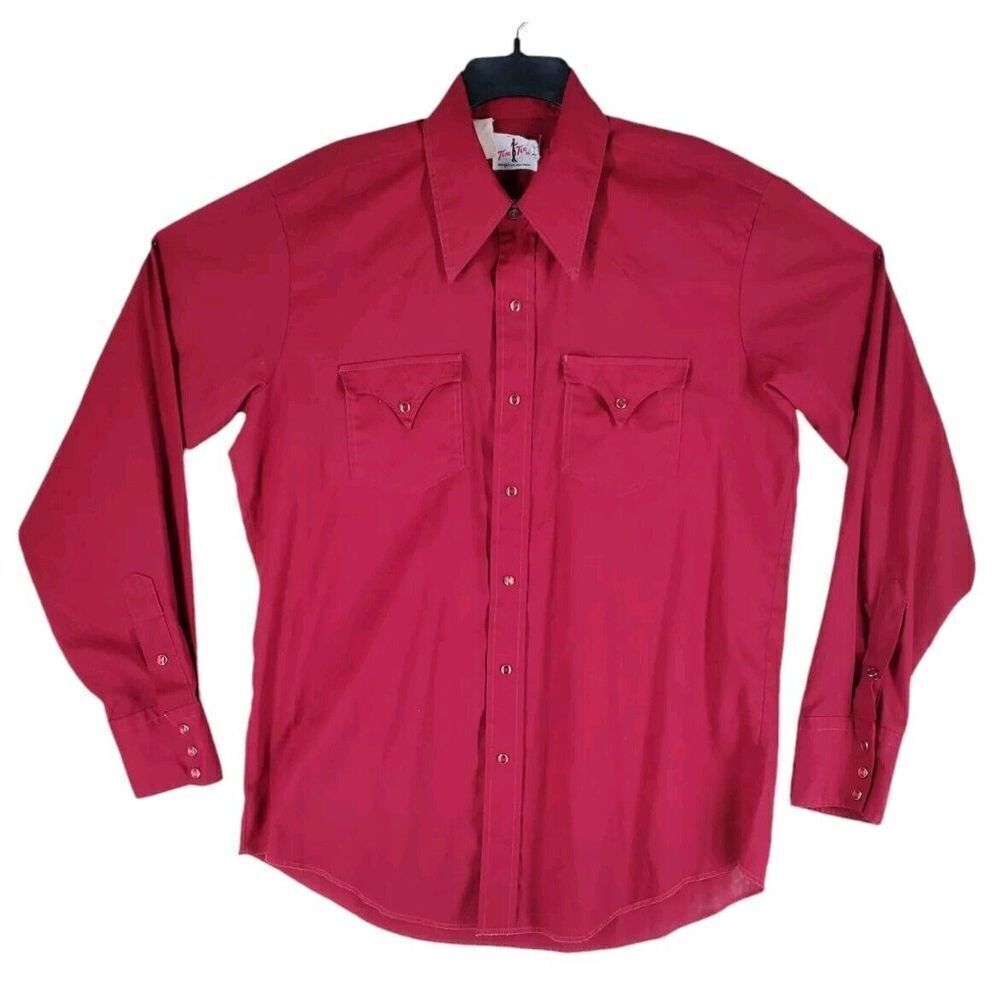 Vtg Tem Tex Western Shirt Pearl Snap  Mens 16.5 35 Red Maroon 70s 80s USA Made